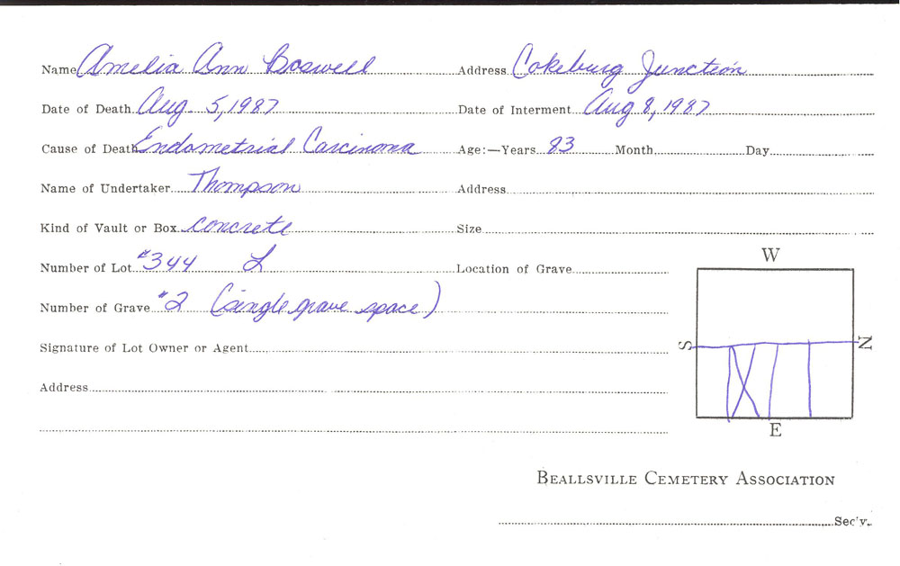 Ameila Ann Boswell burial card